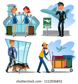 Airport employees set, guard with dog for safety, pilot of plane is waiting for departure and talking phone, the girls stewardess with suitcases, man is carrying trolley with luggage vector