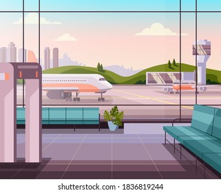 Airport empty waiting room hall concept. Vector flat graphic design cartoon illustration