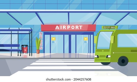 Airport entrance and bus station concept in flat cartoon design. Facade of building with door, bench, bus and crosswalk. Passenger transportation, transfer. Vector illustration horizontal background