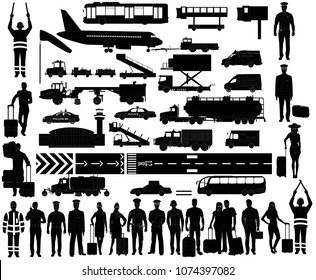 Airport equipment, crew and passengers. Silhouettes set, vector, isolated on white. 