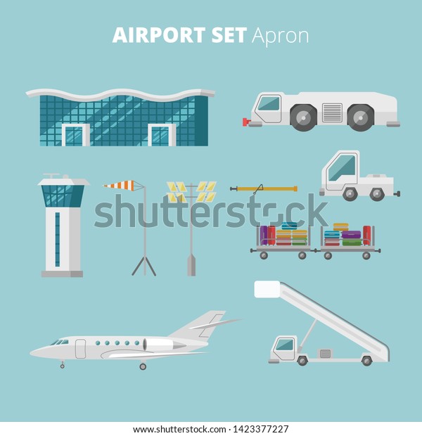 Airport equipment flat\
vector illustration set. Apron machinery icons. Runway machines set\
of pictures