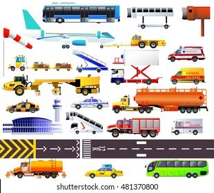 Airport equipment set. Vector icons, isolated. Business jet, passenger bus, tow tractor, windsock, baggage carts, taxi, catering vehicle, tanker, fire engine and ambulance and others