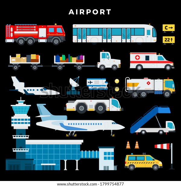 Airport exterior. Airplanes,\
different planes, cars, buildings, tickets, luggage dark theme\
isolated