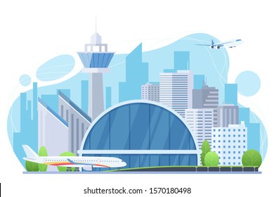 Airport exterior flat vector illustration. Planes, futuristic building with tower and skyscrapers. Modern terminal facade. City, metropolis infrastructure, air traffic control. Urban architecture