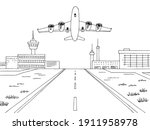 Airport exterior plane takes off graphic black white sketch illustration vector 