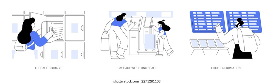 Airport facilities abstract concept vector illustration set. Luggage storage, baggage weighting scale, flight status information, airport timetable, airway transportation abstract metaphor.