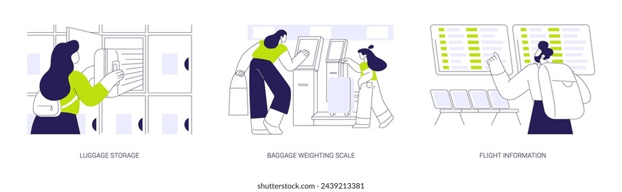 Airport facilities abstract concept vector illustration set. Luggage storage, baggage weighting scale, flight status information, airport timetable, airway transportation abstract metaphor.