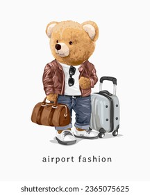 airport fashion slogan with bear doll in leather jacket and luggage vector illustration