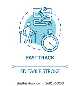 Airport Fast Track Concept Icon. Airline VIP Pass, Flight Luxury Class Benefit Idea Thin Line Illustration. Passport Control, Short Trip. Vector Isolated Outline RGB Color Drawing. Editable Stroke