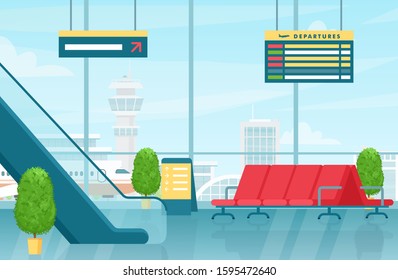 Airport first floor interior flat vector colorful illustration. Modern terminal hall with chairs,flight departures board and escalator, moving staircase. Departure lounge, international airline.