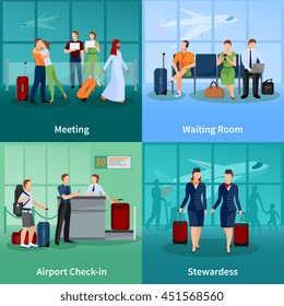 Airport flat 2x2 design concept set of passengers with baggage meeting and waiting people and stewardesses vector illustration