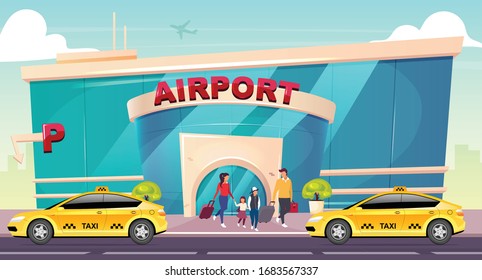 Airport flat color vector illustration. Transportation for arrival tourist family. Flight terminal glass building. Taxi on street. Modern 2D cartoon cityscape with people departure on background