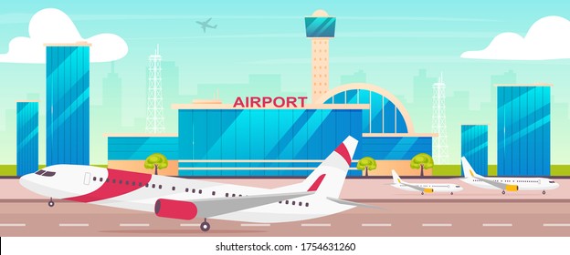 Airport flat color vector illustration. Runway with departing plane 2D cartoon landscape with control tower on background. International airline transportation business. Civil aviation industry