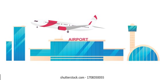 Airport flat color vector objects set. Control tower, terminal and airplane 2D isolated cartoon illustrations on white background. Commercial airway transportation, airline company service