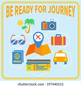 Airport flat concept be ready for journey set of camera glasses suitcase taxi vector illustration