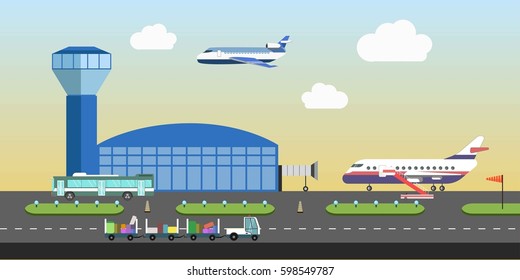 Airport flat design. Vector details and elements of plane or aircraft runway, passenger arrival and departure terminal building. Aviation, air travel and tourism concept illustration