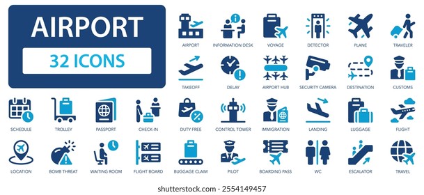 Airport flat icons collection. Plane, flight, runway, pilot, detector, landing, boarding pass, travel, baggage, arrival, tourism sign set.