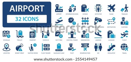 Airport flat icons collection. Plane, flight, runway, pilot, detector, landing, boarding pass, travel, baggage, arrival, tourism sign set.