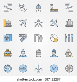 Airport flat icons. Vector colorful airport and airlines symbols or signs