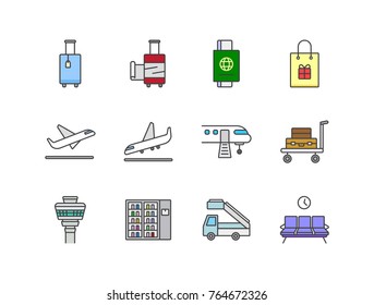 Airport flat line colored icons set with luggage, baggage wrapping, passport, duty free, airplane, suitcase cart, tower, vending machine, stair truck, waiting area.