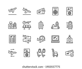 Airport flat line icon set. Vector illustration included online booking, tickets, check in, customs and connecting flight. Editable strokes.