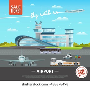Airport flat vector illustration of terminal building technical transport on airfield plane taking off and advertising of tickets sale  