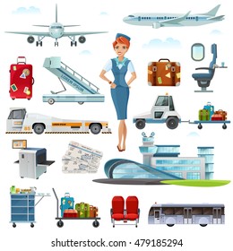 Airport flight attributes and accessories flat icons set with stewardess luggage airline tickets  abstract isolated vector illustrations 