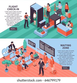 Airport flight check-in security and waiting area isometric 2 horizontal banners website design isolated vector illustration