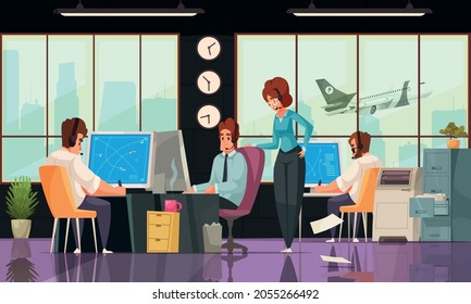 Airport flight control service workplace interior cartoon composition controllers monitoring aircraft position communicating with pilots vector illustration