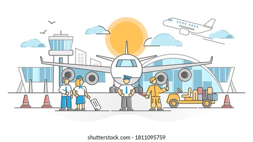 Airport with flight crew, pilot, attendants and loader as occupation scene outline concept. Commercial aviation ground handling team with professional cargo departure and arrival boarding service.