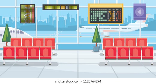 Airport with flight departure boards vector illustration. Modern airport waiting room with rows of chairs and panoramic windows. Interior illustration