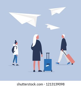 Airport. Flight. Group of passengers carrying their luggage. Flat editable vector illustration, clip art