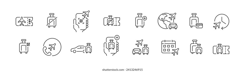 Airport and flight icons. Tickets, buying extra luggage, renting a car or hailing a taxi. Pixel perfect, editable stroke