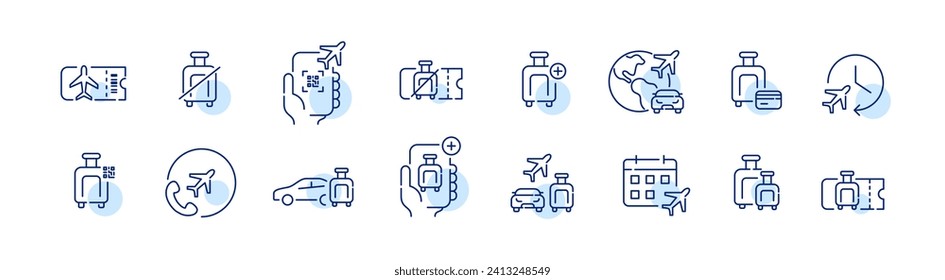 Airport and flight icons. Tickets, buying extra luggage, renting a car or hailing a taxi. Pixel perfect, editable stroke