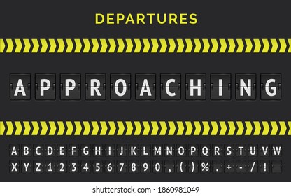 Airport flight scoreboard vector banner with realistic flip font for flights status approaching with arrow stripe