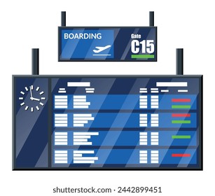 Airport Flip Board. Departure And Arrival Timetable Showing Flight, Destination, Gate, Status And Time. Information Board Clock Icon Info Table Display. Electronic Scoreboard. Flat Vector Illustration