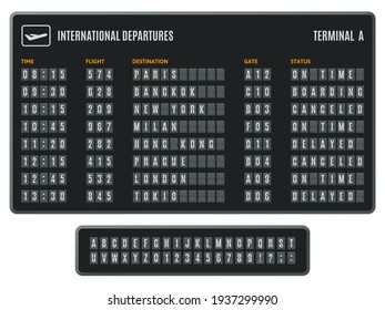 El aeropuerto a bordo. Sale del marcador de información, girando la cuenta regresiva de llegada. Juego de ilustraciones vectoriales de la pantalla de información del aeropuerto