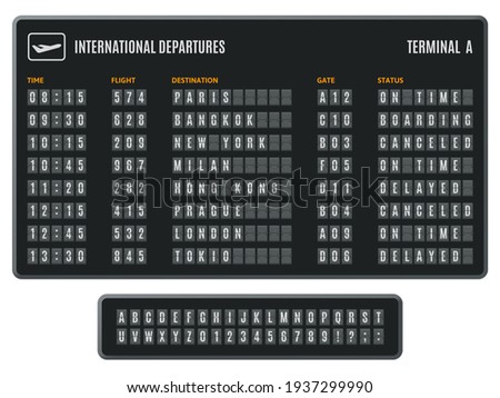 Airport flip board. Departures information scoreboard, flipping arrival countdown. Scoreboard flip airport info display vector illustration set