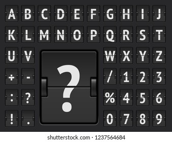 Airport flip board font for showing flight arrival information and timetable vector illustration. Black terminal mechanical scoreboard bold alphabet with numbers to display destination and departure.
