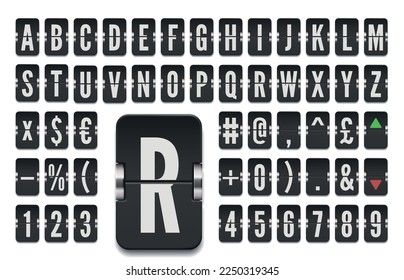 Airport flip board font for showing stock exchange rates vector illustration. Black terminal mechanical scoreboard bold alphabet with numbers for flight schedule or financial markets info