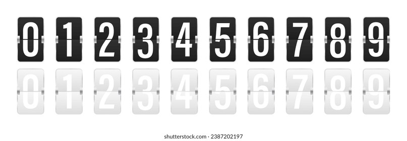 Airport flip board panel. Countdown scoreboard numbers. Flip clock numbers. Numbers in flip clock and countdown counter style. Counter mockup. Vector illustration