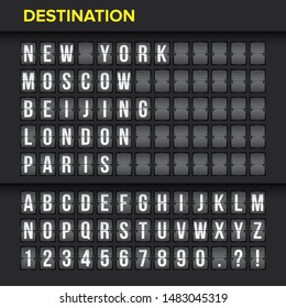 Airport flip board panel with flight info and alphabet.