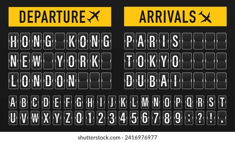 Airport flip board panel with flight info and alphabet. Equipment board message departures and arrivals flight. Flipping departure countdown. Schedule arriving for travel. Vector illustration