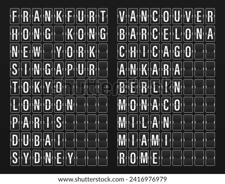 Airport flip board panel with flight info and alphabet. Airport board for departure and arrive. Flipping departure countdown. Schedule arriving for travel. Timetable on terminal. Vector illustration