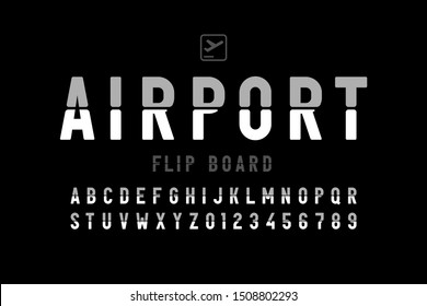 Airport flip board panel style font design, alphabet letters and numbers, vector illustration