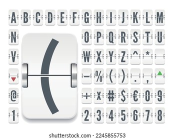 Airport flip board regular font for stock exchange rates . White terminal mechanical scoreboard alphabet with numbers to display destination and departure vector illustration