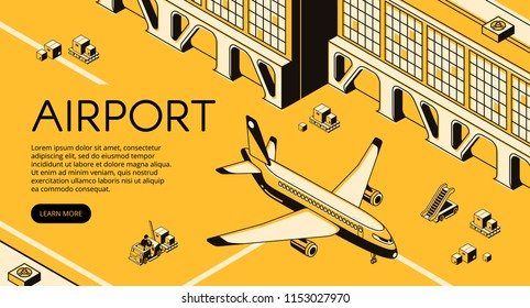 Airport freight logistics vector illustration of airplane, parcels on forklift loader pallet and passenger ladder. Delivery shipping and transit air transport isometric line and yellow halftone design