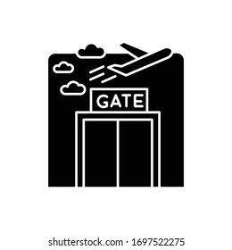 Airport gate flat design long shadow glyph icon. Airplane departure. Window at aircraft lounge. Public airplane trip check. Silhouette symbol on white space. Vector isolated illustration