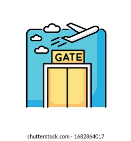 Airport gate RGB color icon. Airplane departure. Plane flying in sky. Window at aircraft lounge. Public airplane trip check. International transportation by aviation. Isolated vector illustration