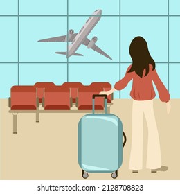Airport, a girl with a suitcase on the background of a plane taking off.Vector illustration.